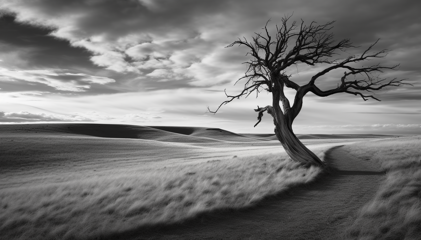 An old, gnarled tree standing alone on a windswept plain.