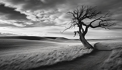 An old, gnarled tree standing alone on a windswept plain.