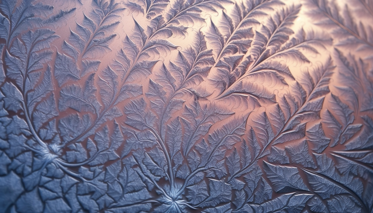 Intricate frost patterns on a window during a cold winter morning.