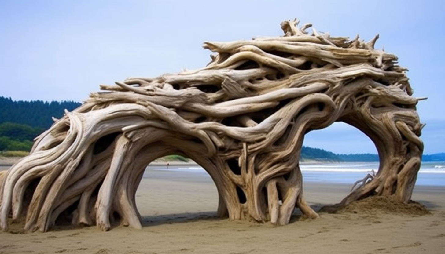 Driftwood structures naturally sculpted by the sea.