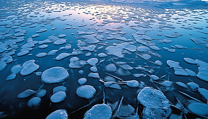 Ice patterns forming on the surface of a frozen lake.