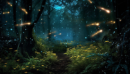 Fireflies twinkling in a dusky woodland.