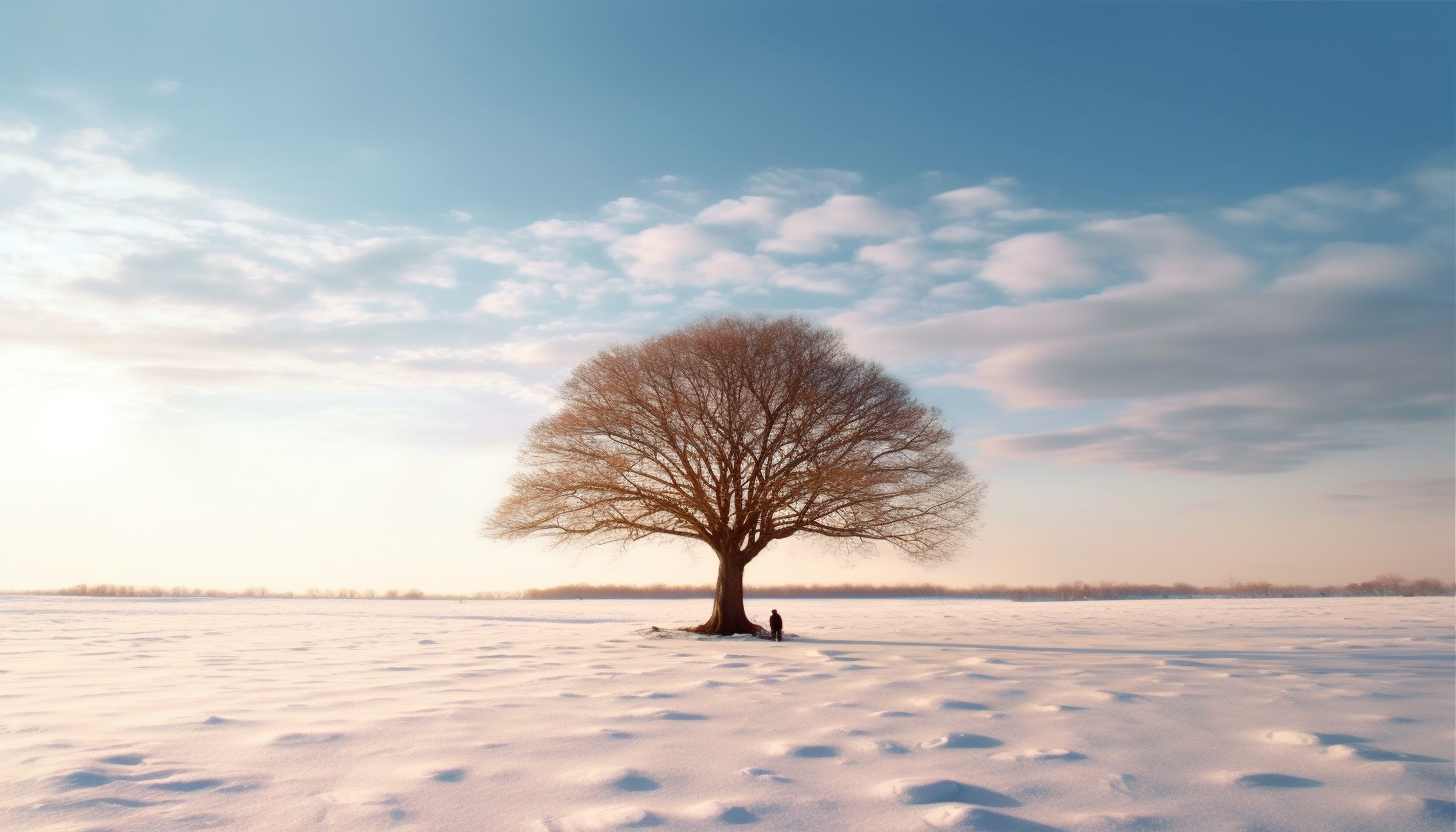 A solitary tree standing in the midst of a snow-covered field.