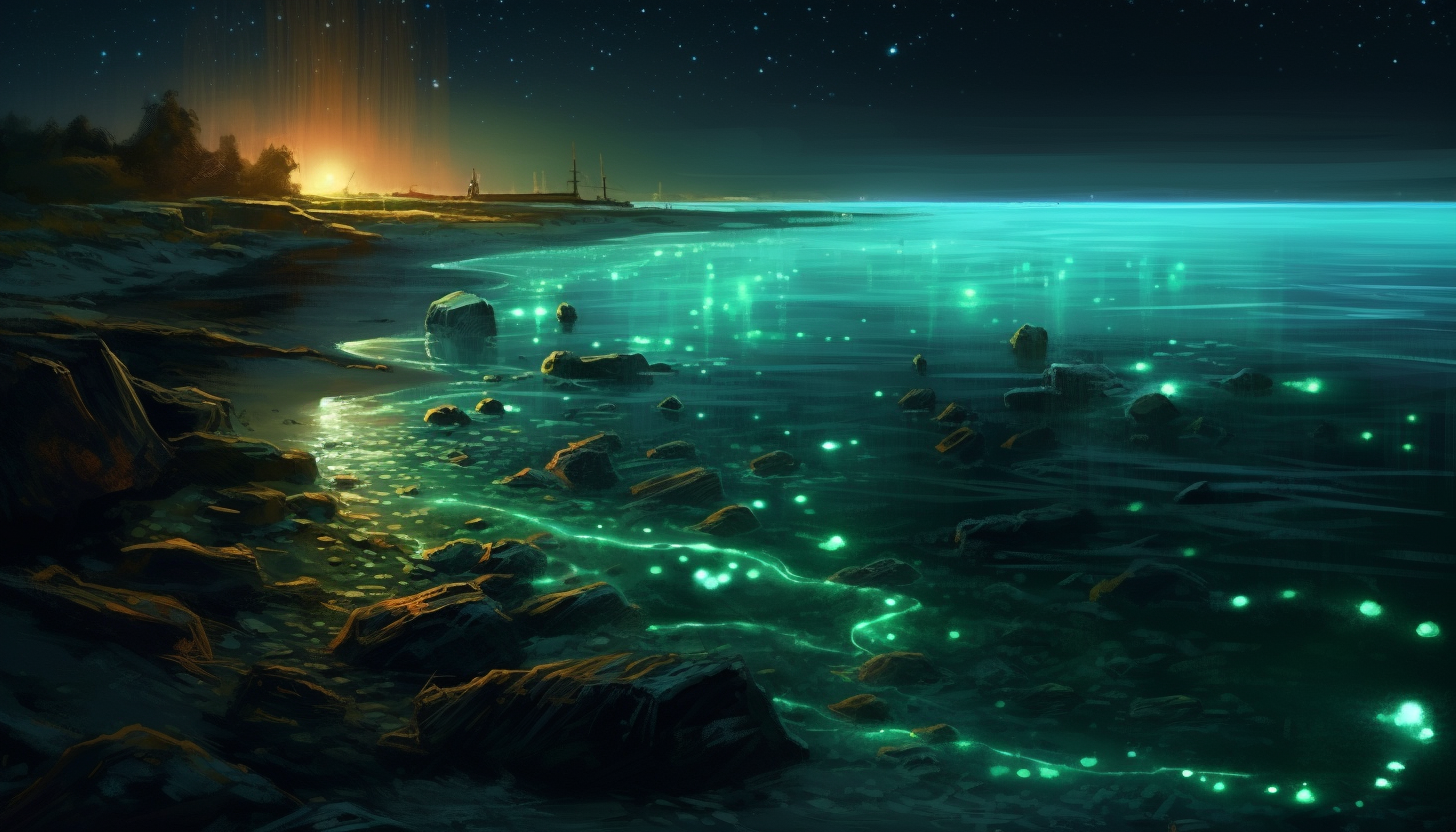 Glowing plankton illuminating a gentle shoreline at night.