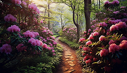 A winding path through dense, vibrant rhododendron bushes.