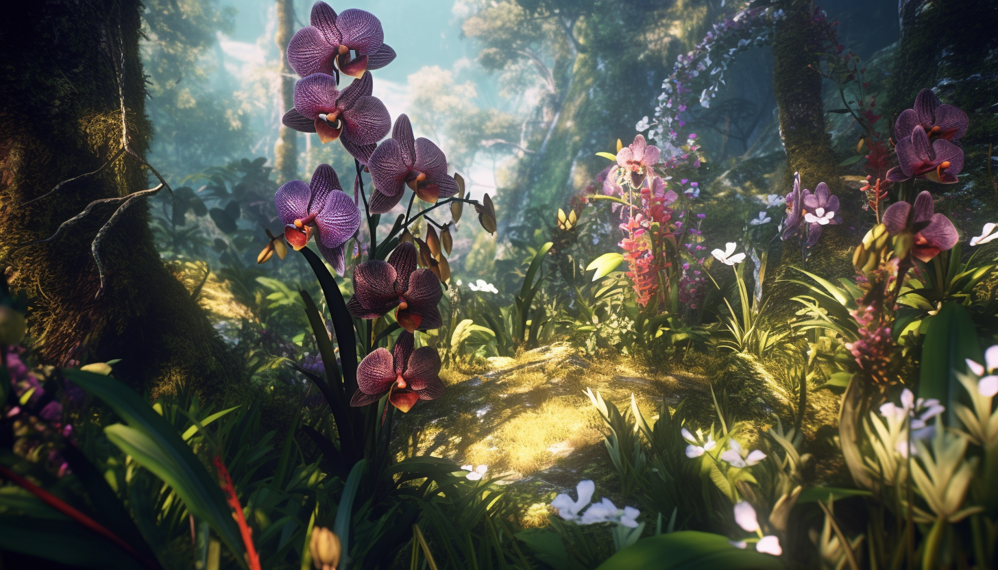 A rare orchid blooming in a dense, tropical jungle.