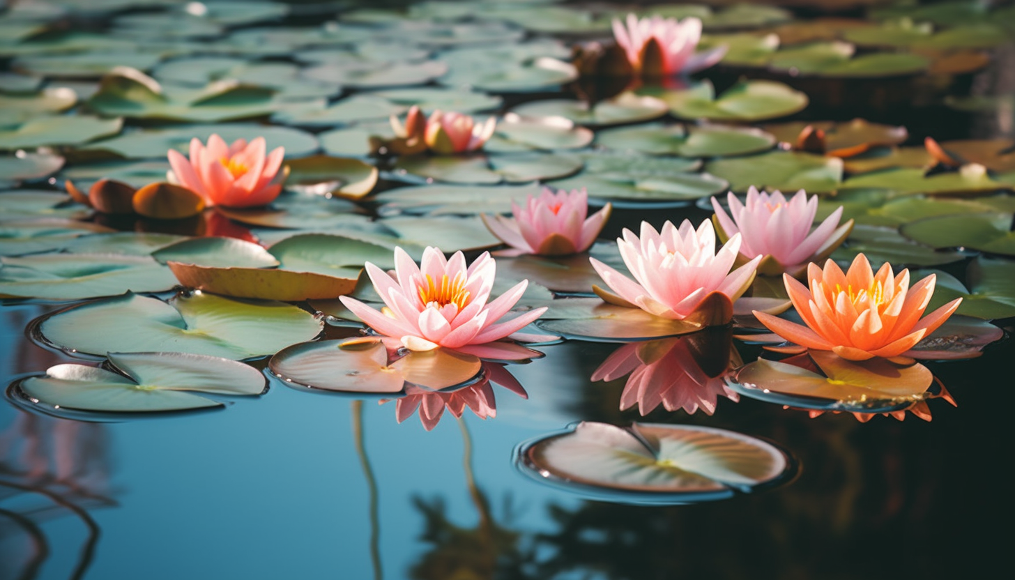 Blooming lotus flowers floating on a tranquil pond.