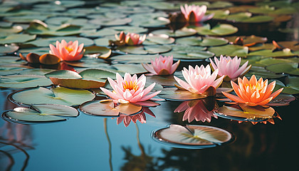 Blooming lotus flowers floating on a tranquil pond.