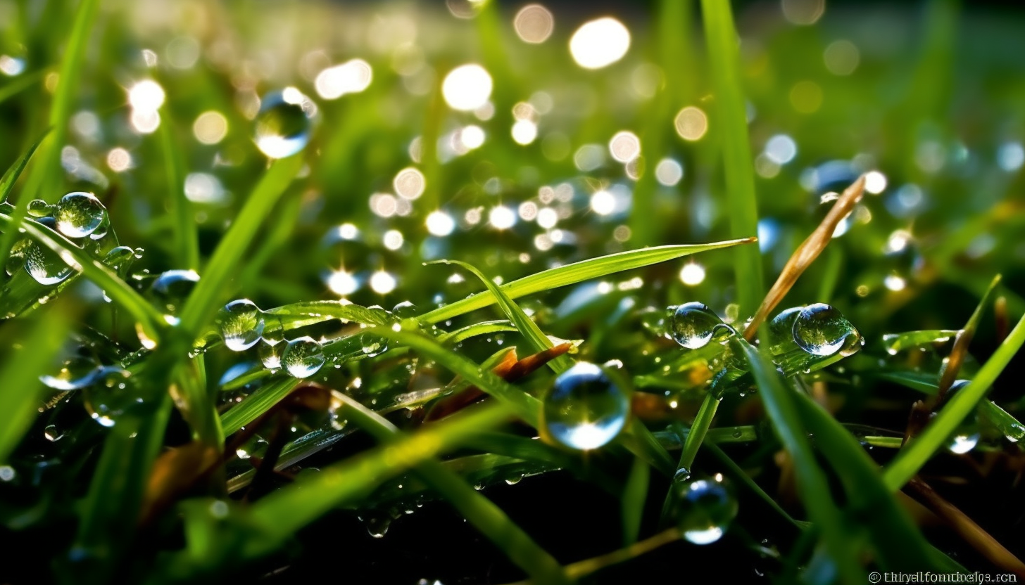 Dewdrops sparkling like diamonds on blades of grass.