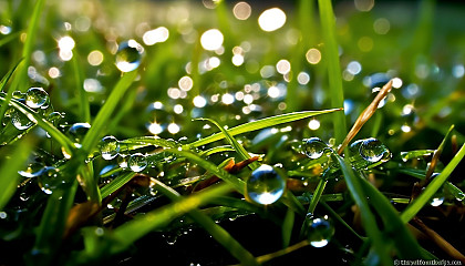 Dewdrops sparkling like diamonds on blades of grass.