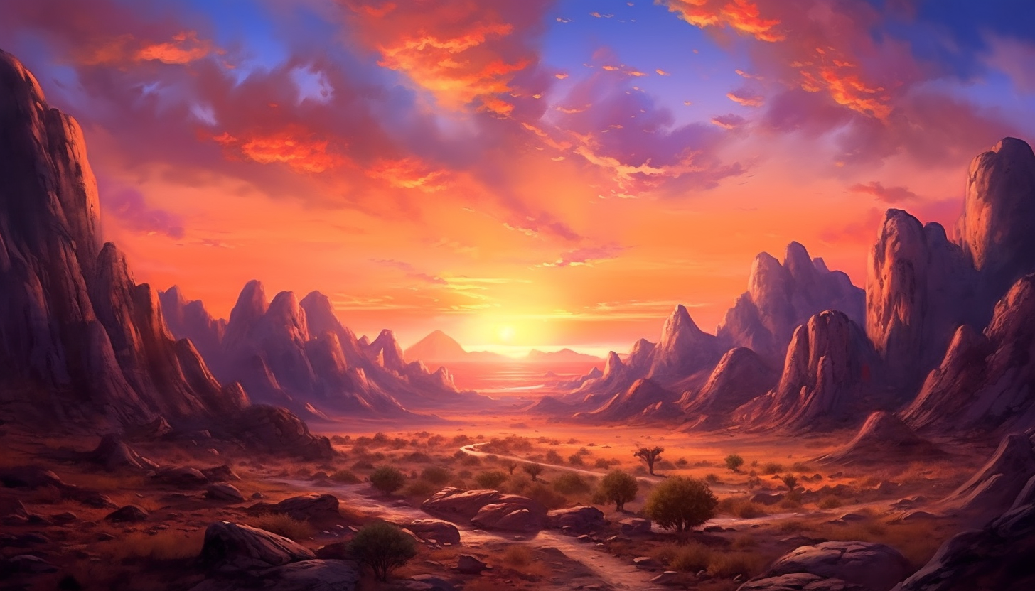 Fiery skies at sunset over a tranquil desert.