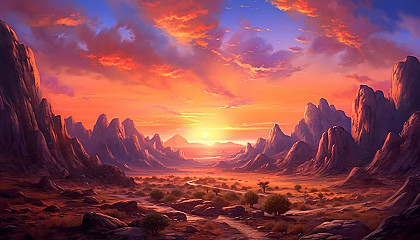 Fiery skies at sunset over a tranquil desert.