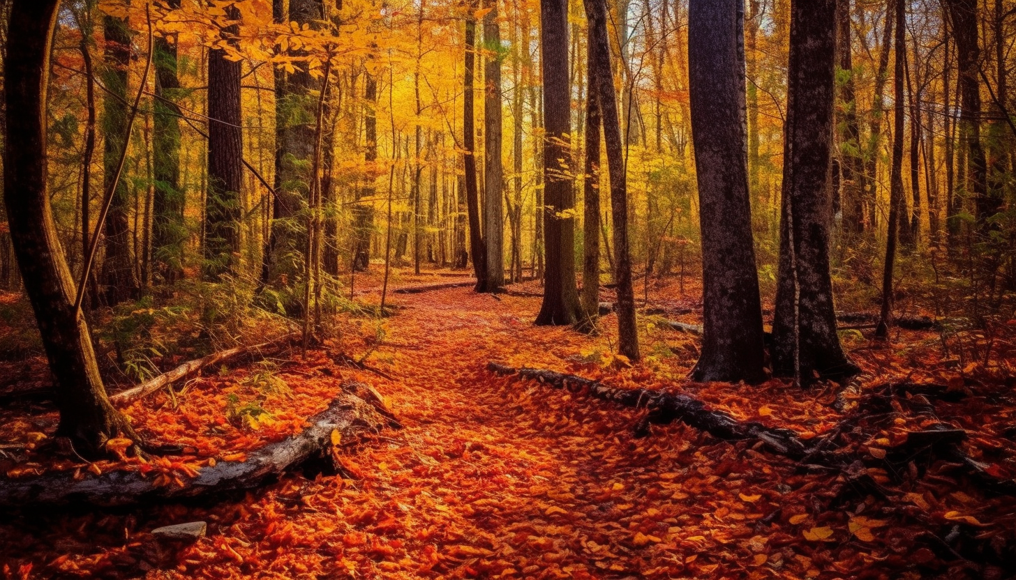 Vibrant autumn leaves carpeting a secluded forest trail.