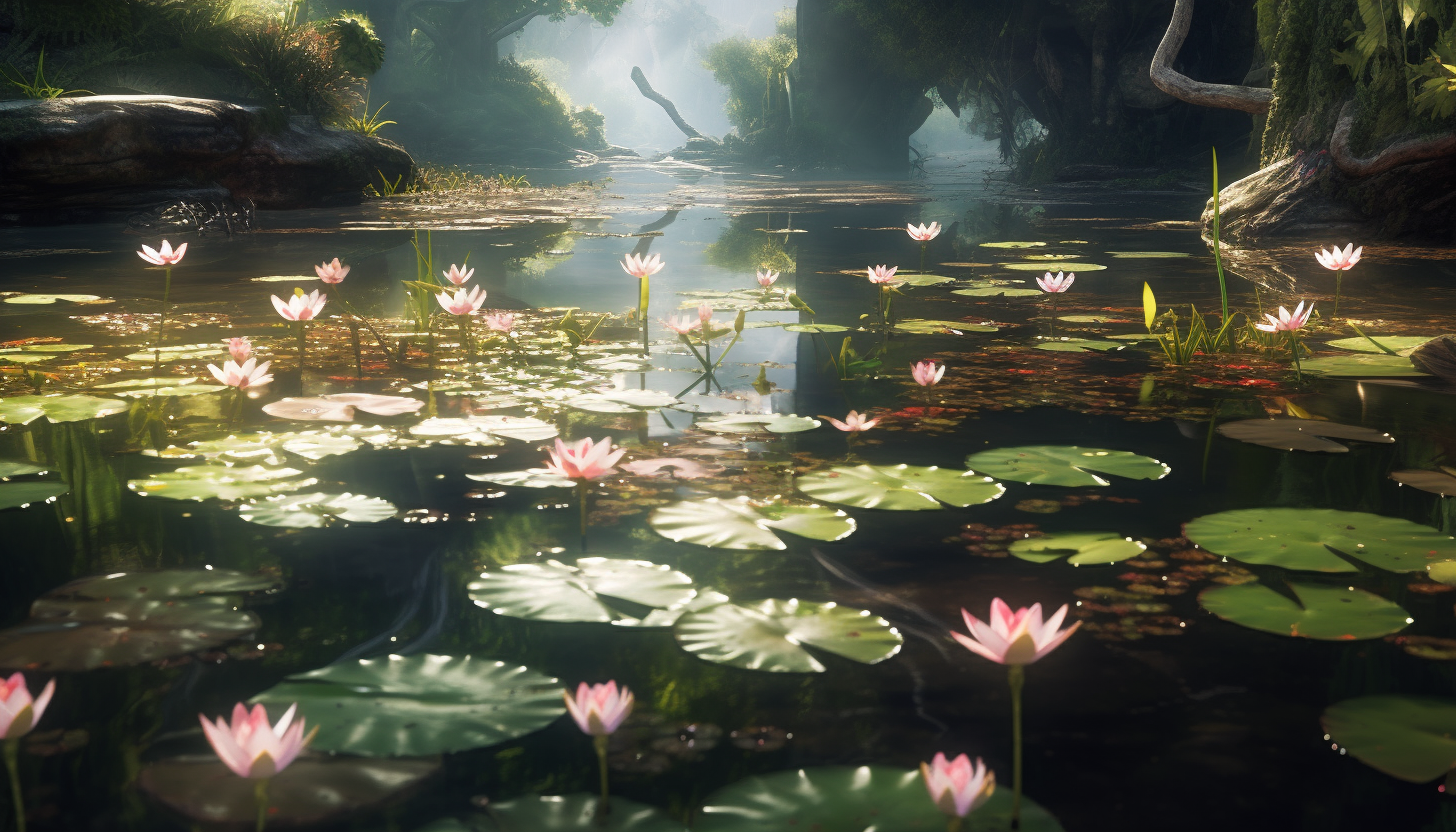 A quaint, tranquil pond filled with water lilies.