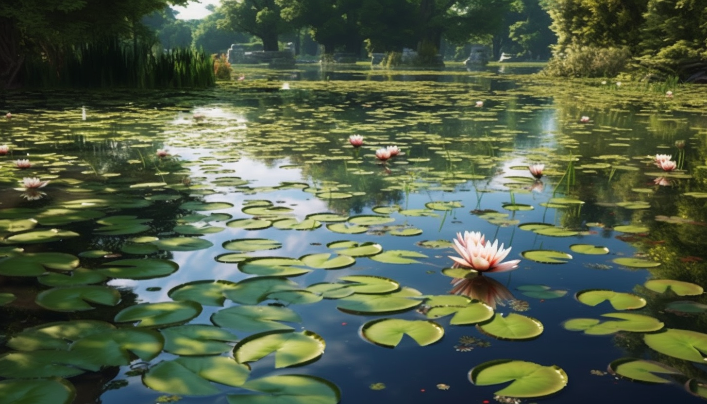 A quaint, tranquil pond filled with water lilies.