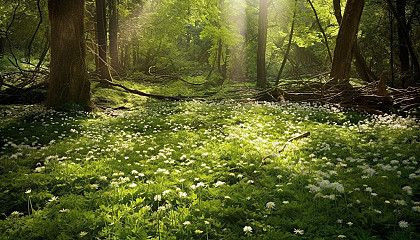 Sun-dappled forest floor carpeted with wildflowers.