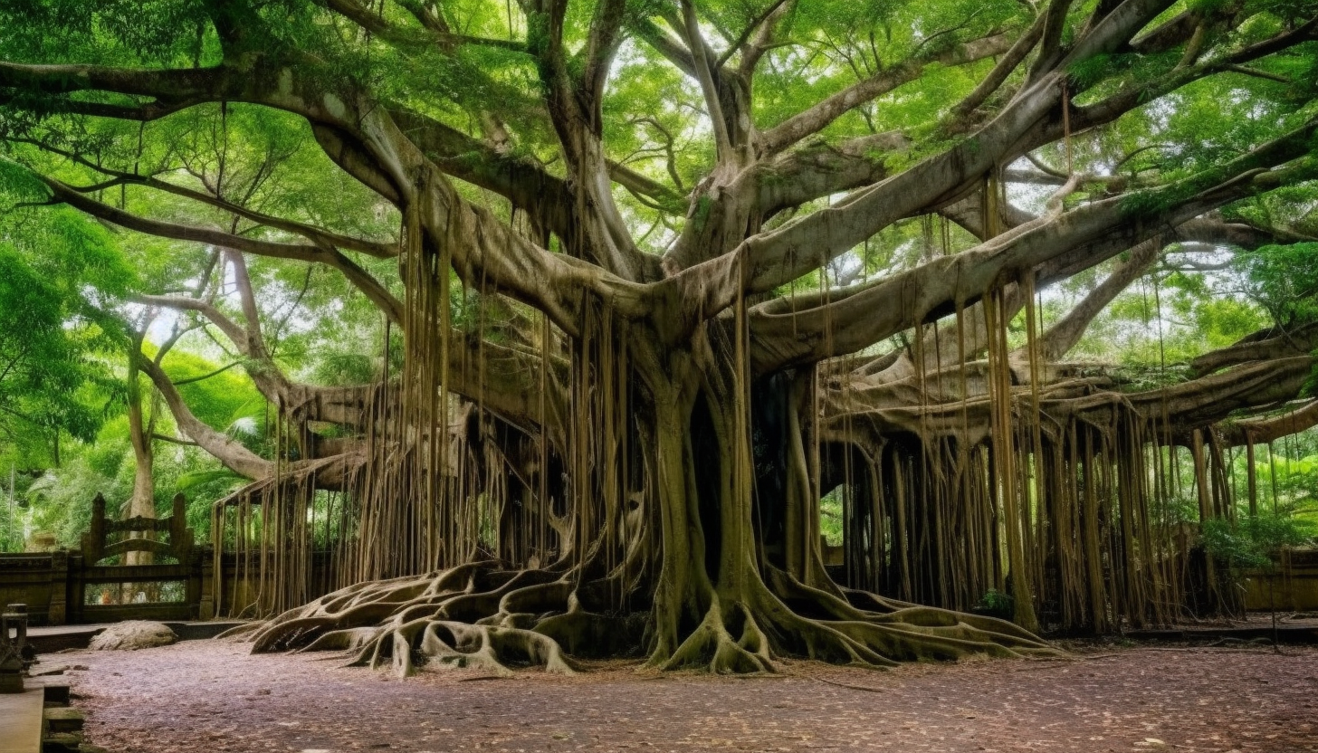 An ancient banyan tree with sprawling roots and branches.