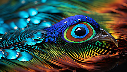 Close-up of a peacock feather, displaying its iridescent colors and intricate patterns.