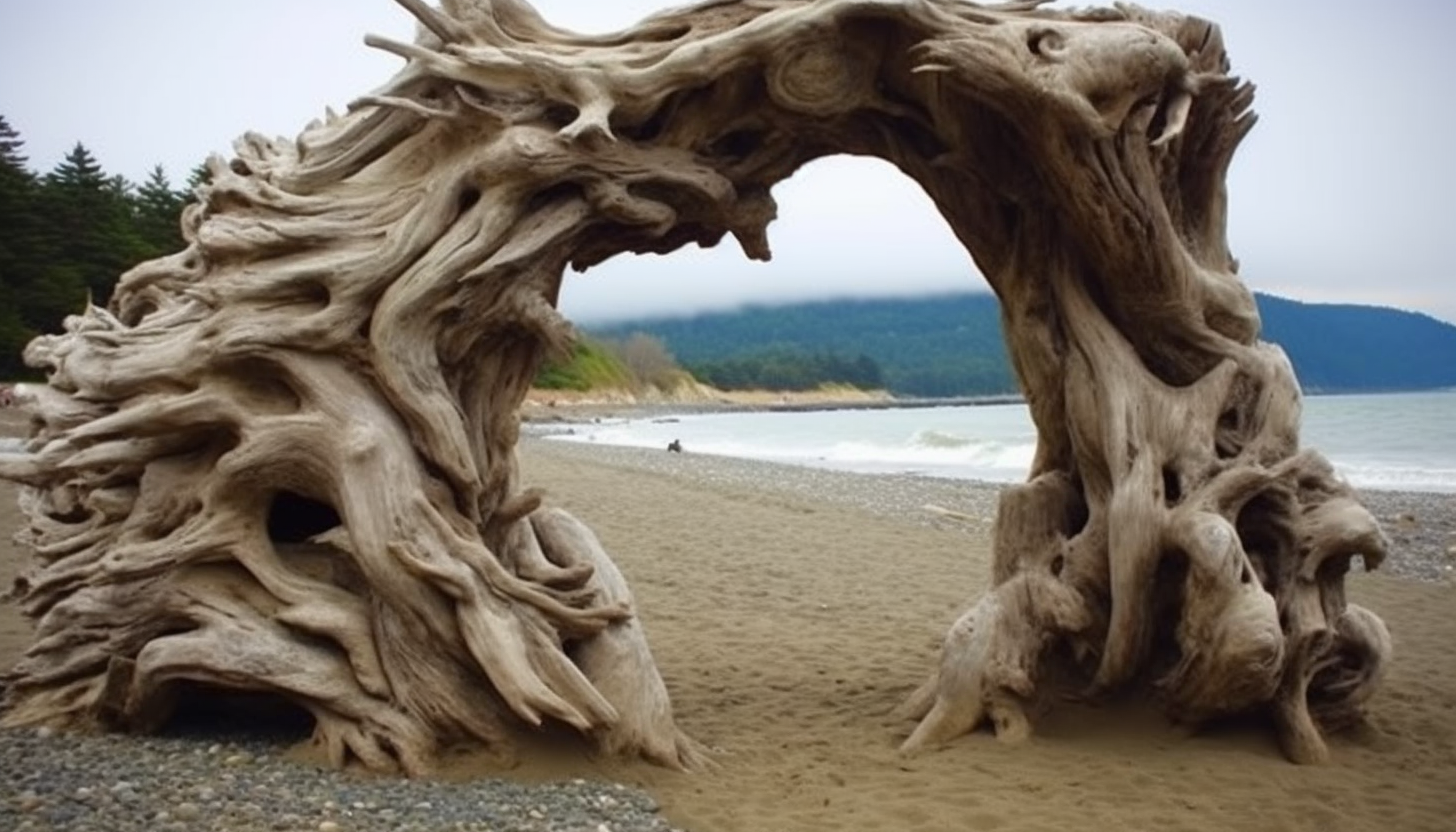 Driftwood structures naturally sculpted by the sea.