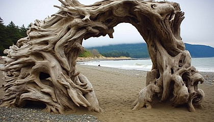 Driftwood structures naturally sculpted by the sea.