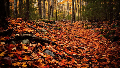 A forest floor carpeted with colorful fallen leaves in autumn.