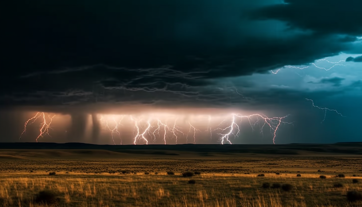 Lightning storms illuminating the sky above vast plains or oceans.