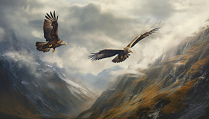 Majestic eagles soaring above rugged mountain ranges.