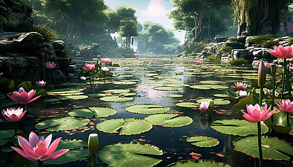A tranquil lotus pond filled with blossoming flowers.