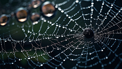 An intricate spider's web glistening with morning dew.
