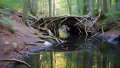 An intricate beaver dam constructed in a serene woodland stream.