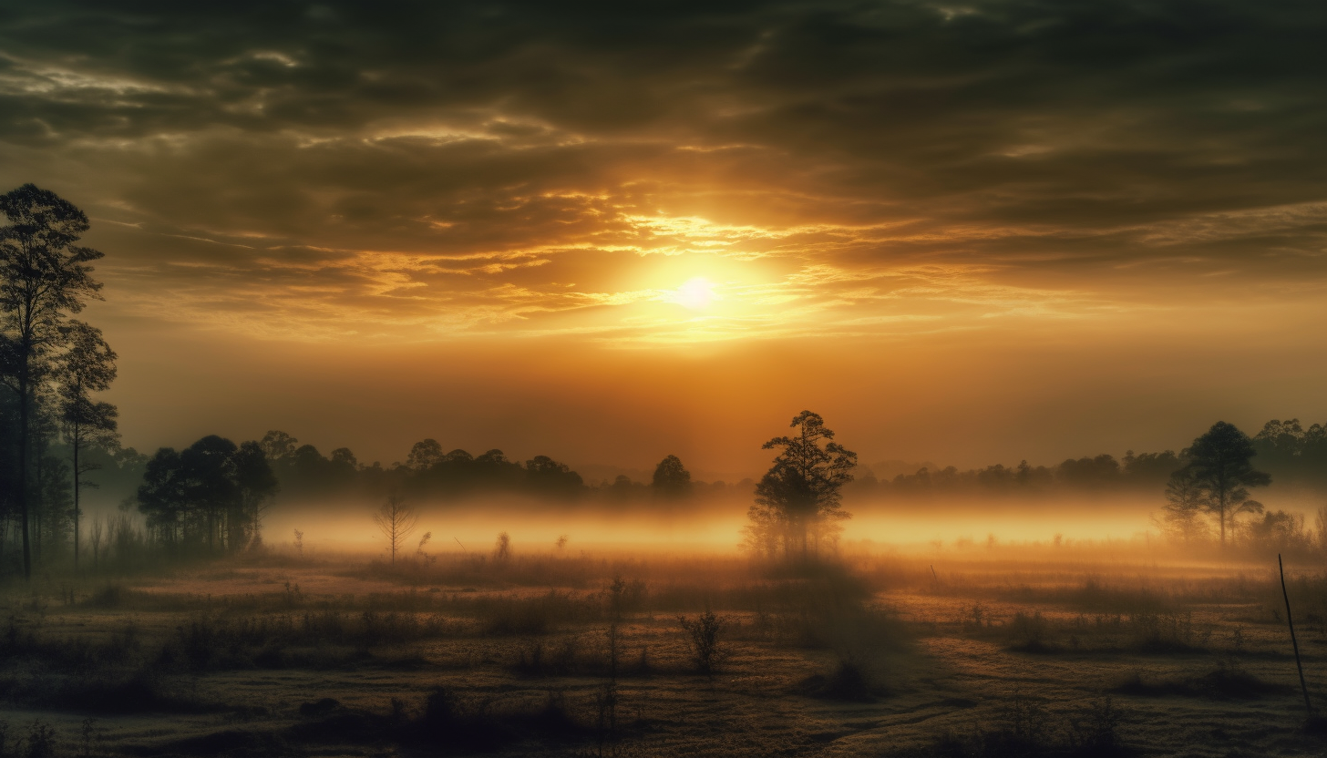 Sun peeking through a dense morning fog.