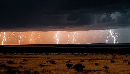 Lightning storms illuminating the sky above vast plains or oceans.