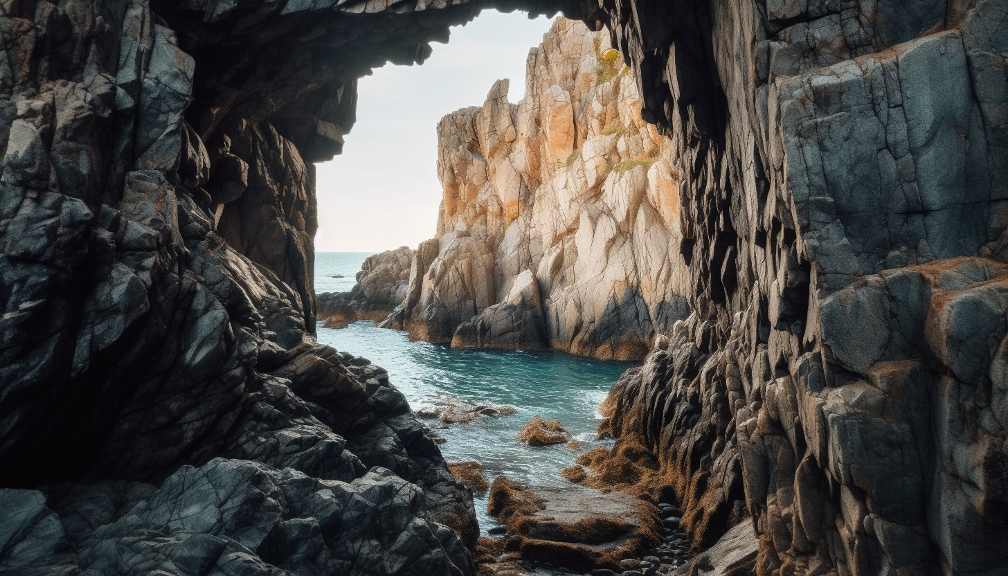 A view through a natural archway carved into a rocky cliff.