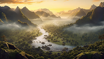 Mist rising from a lush valley at dawn.