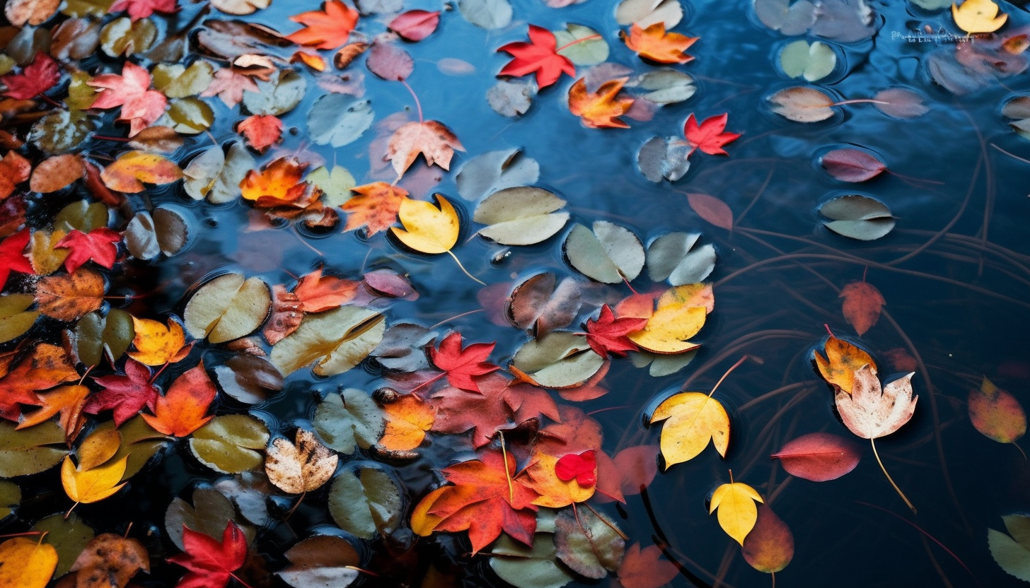 Brightly colored autumn leaves floating on a still pond.