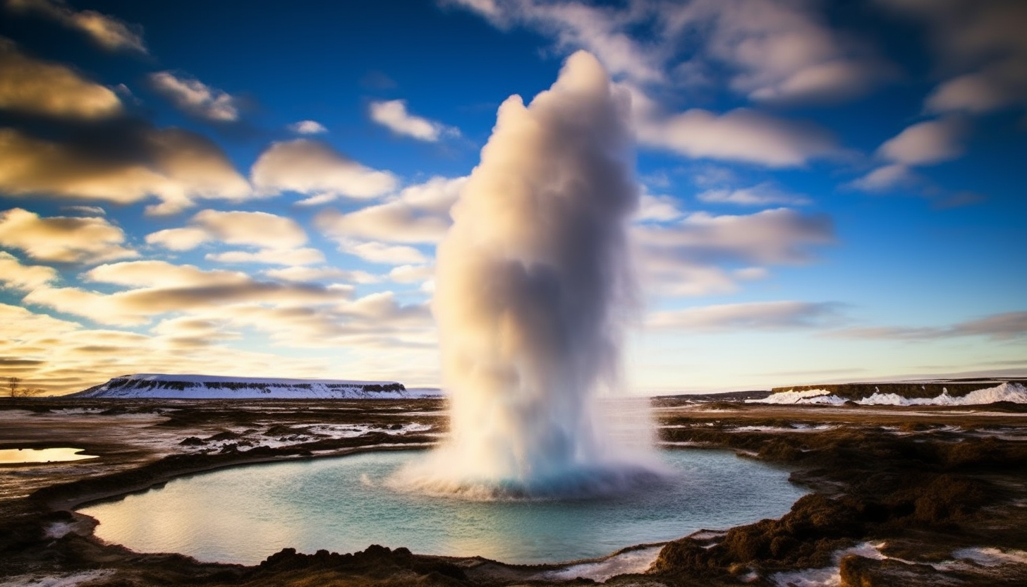 A powerful geyser erupting in a geothermal field.