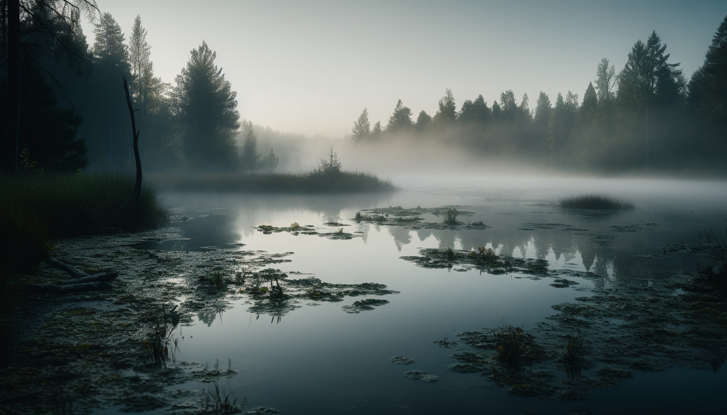 Serene, mist-covered lakes reflecting the surrounding landscape.