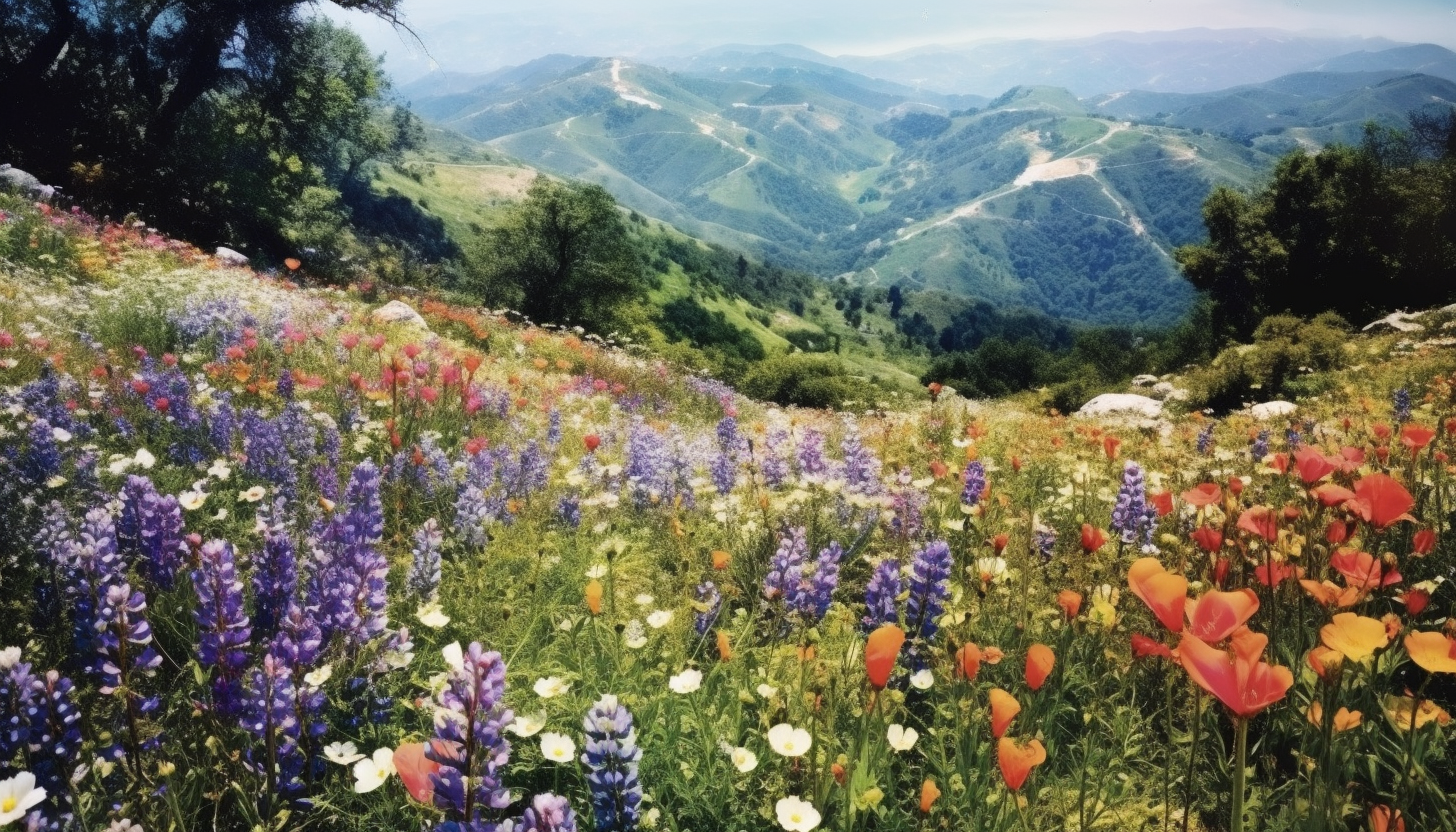 A hillside speckled with the vibrant colors of wildflowers.