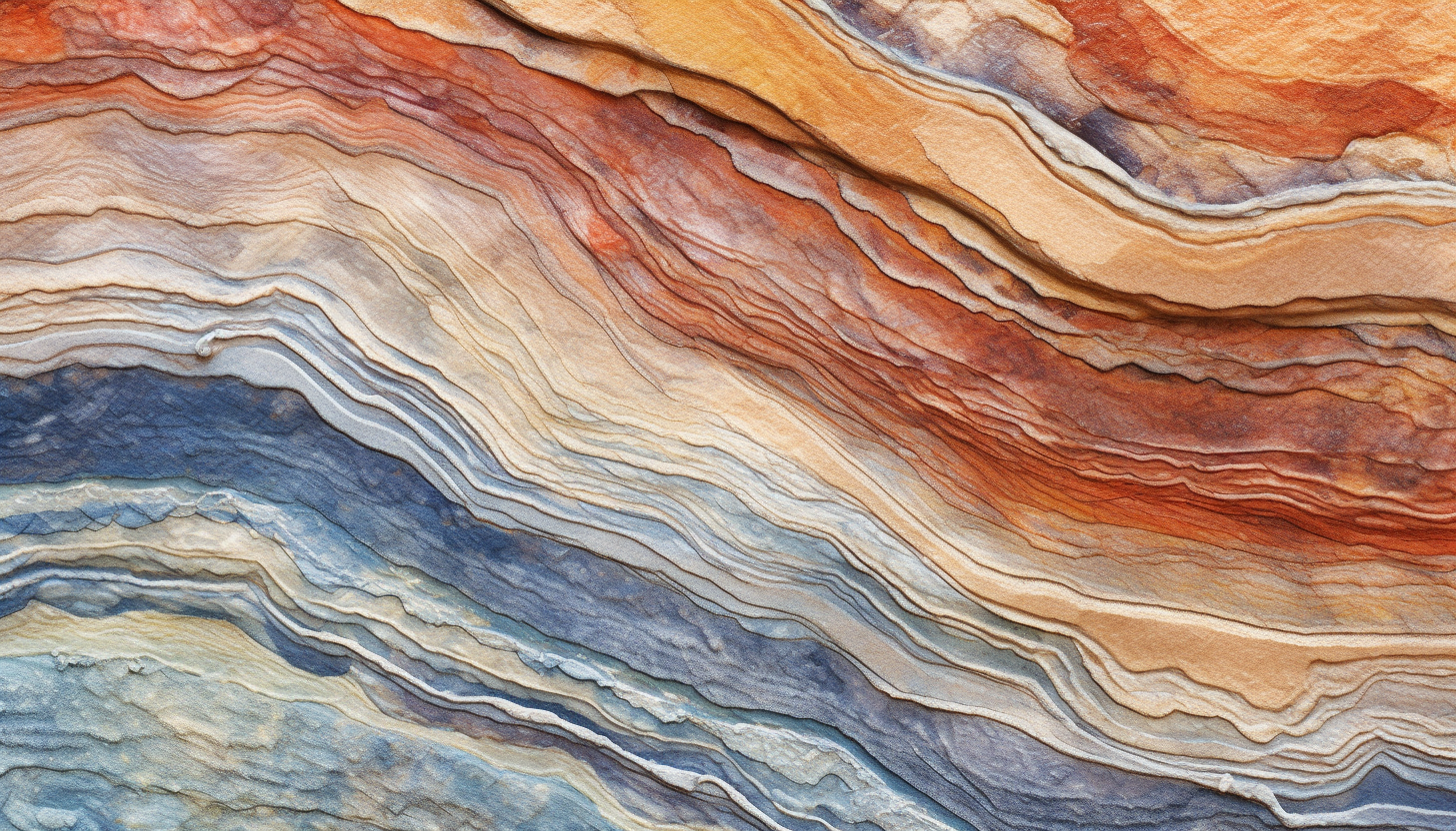 Swirling patterns of a colorful rock strata in a canyon wall.