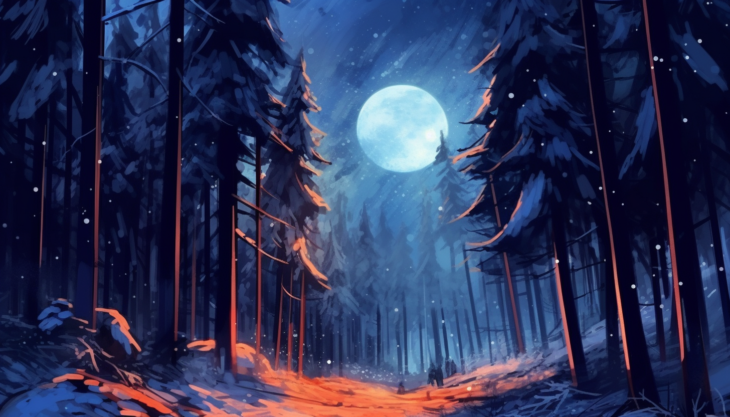 A silent, snow-covered pine forest under the soft glow of moonlight.