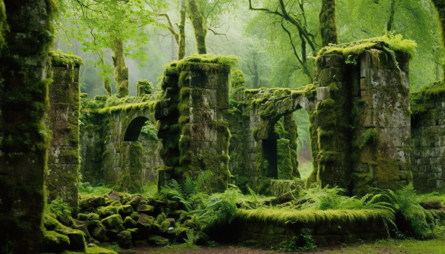 Moss-covered stone ruins reclaimed by nature in a verdant forest.