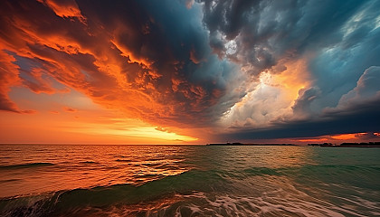 Dramatic cloud formations at sunset over a tranquil sea.