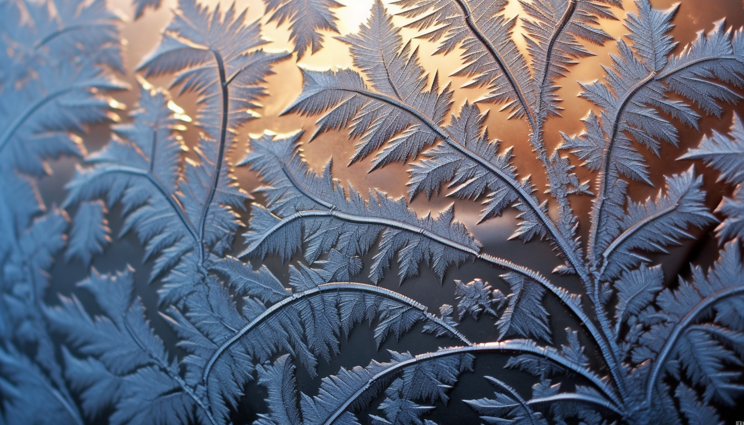 Intricate frost patterns on a window during a cold winter morning.