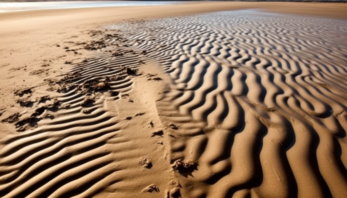 Sand patterns left by the retreating tide on a beach.