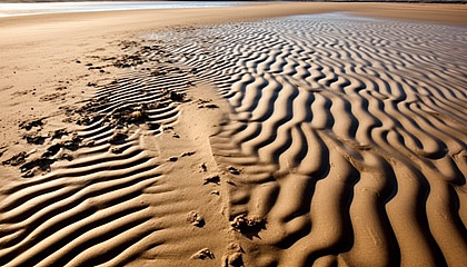 Sand patterns left by the retreating tide on a beach.