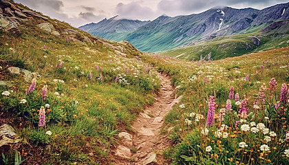 A mountain path winding through a carpet of wildflowers.