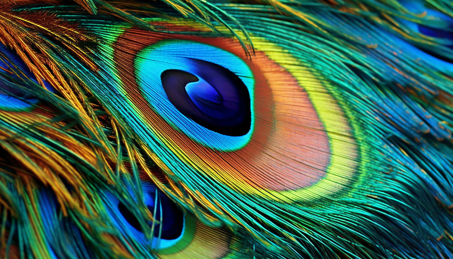 Swirls of colors in a peacock feather close-up.