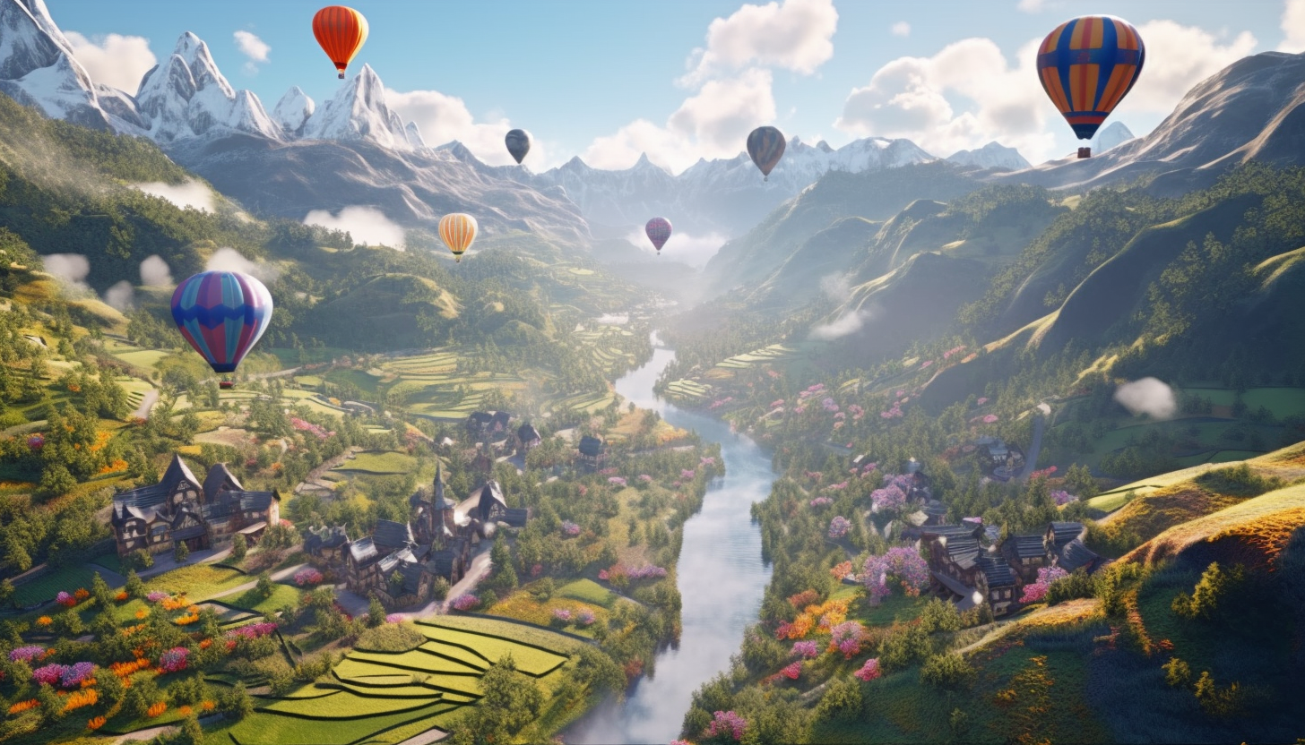 Hot air balloons floating over a picturesque valley.