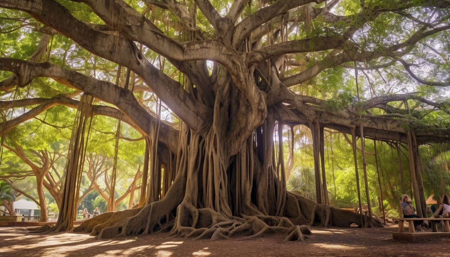 An ancient banyan tree with sprawling roots and branches.