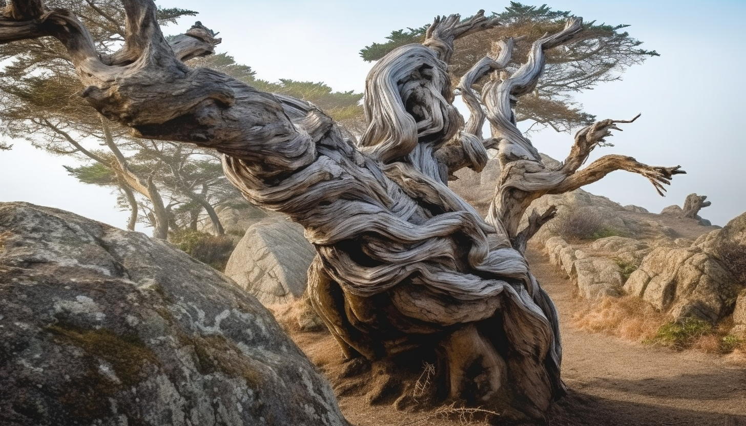 A twisted tree trunk shaped by the wind on a high cliff.